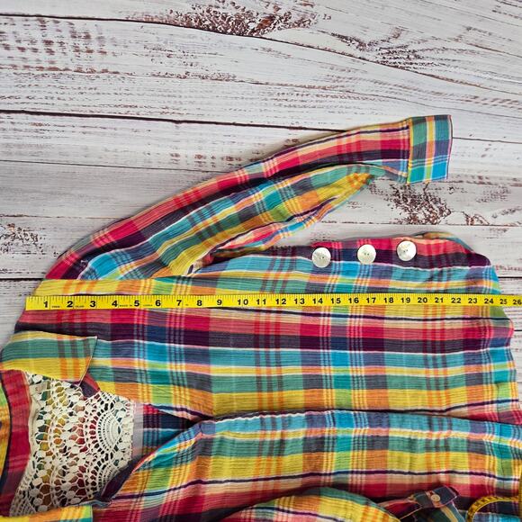 Soft Surroundings Kona Shores Plaid Button Shirt Sz PS Lace Detail Rainbow Color - Picture 10 of 13